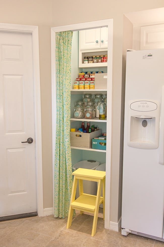 Pantry Details: No Sew Curtain, Tiered shelf, & Step Stool