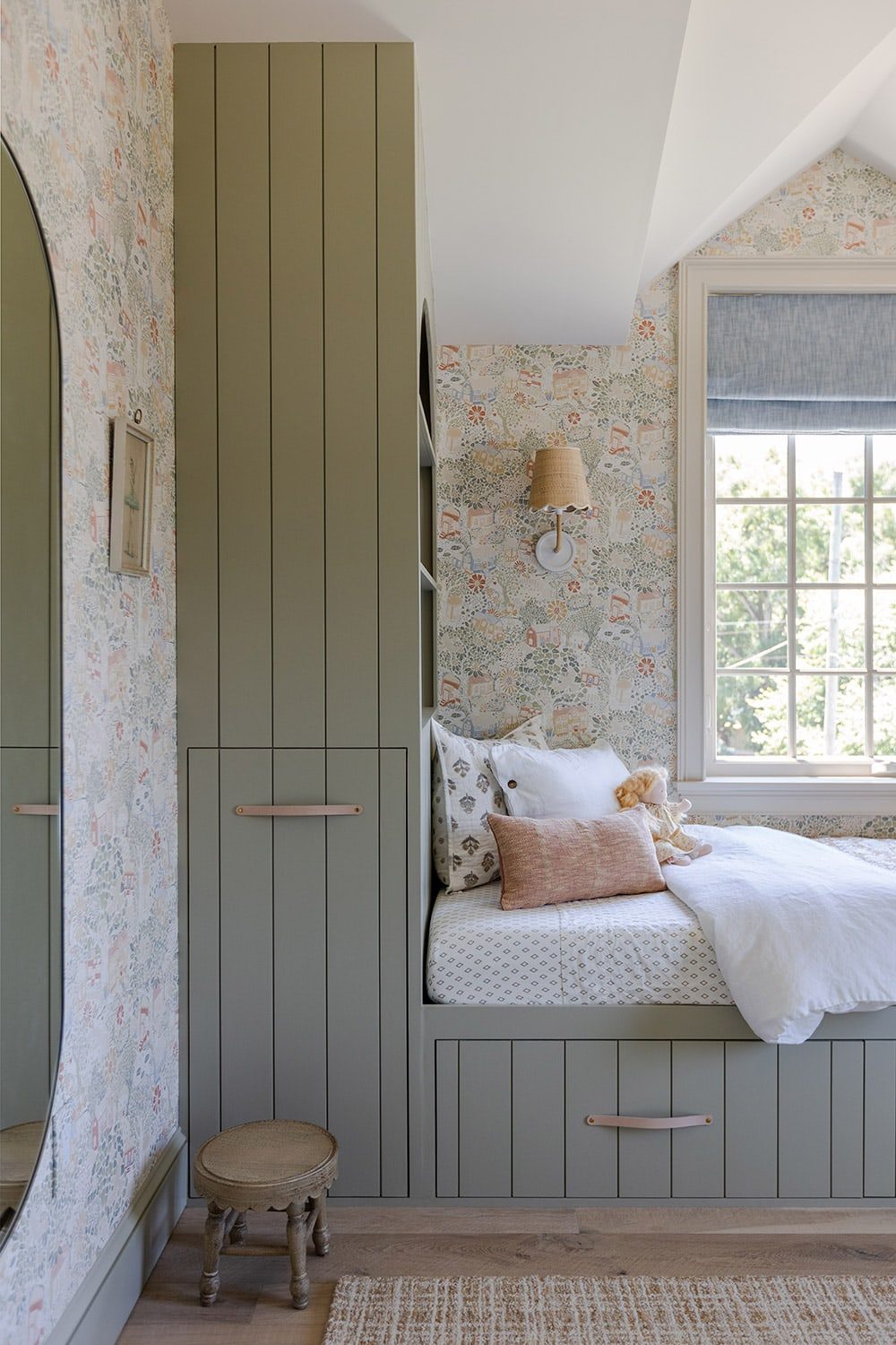 girls bedroom with svelte sage built-in bed and wallpaper