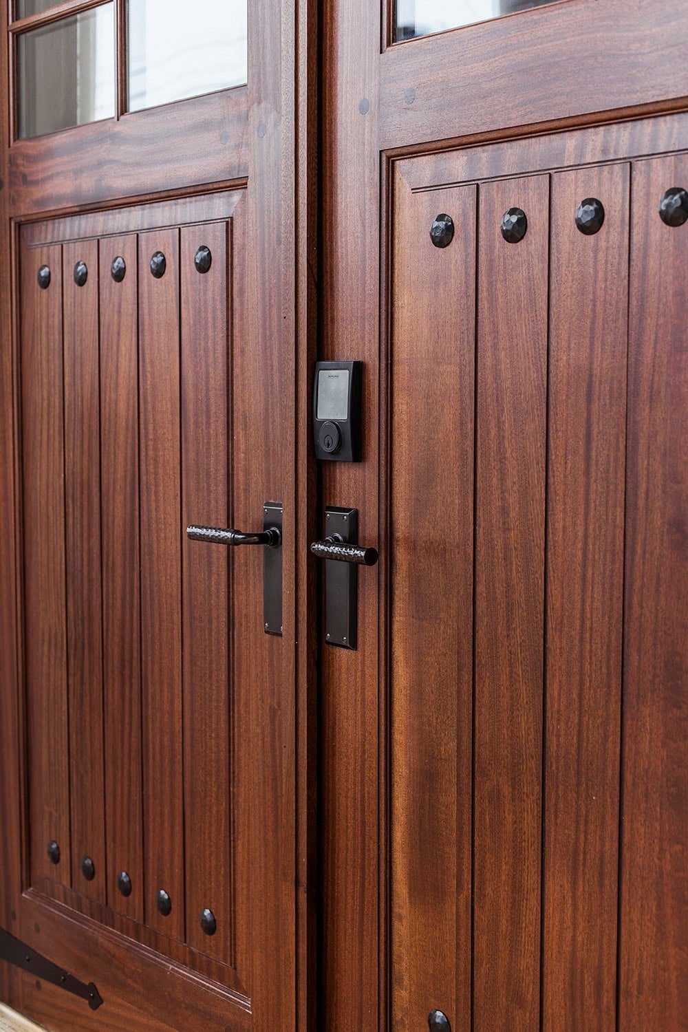 rustic mahogany front door with schlage keyless entry