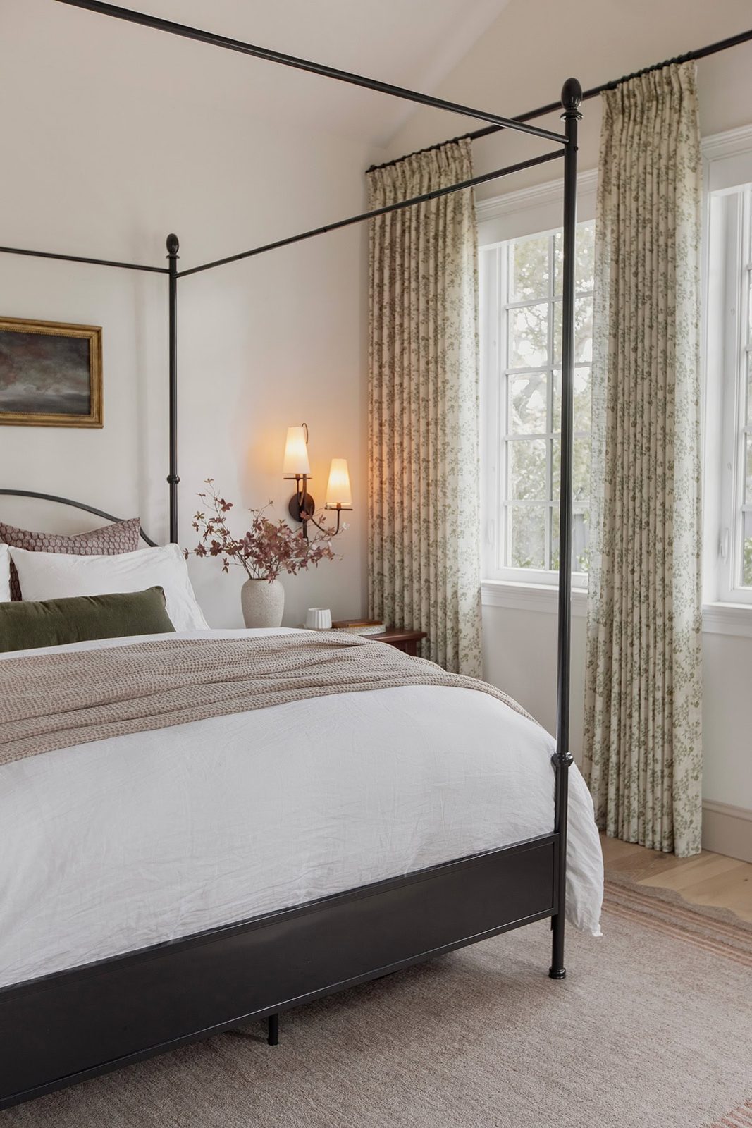 master bedroom with loloi scottie rug, twopages sarale curtains, canopy bed