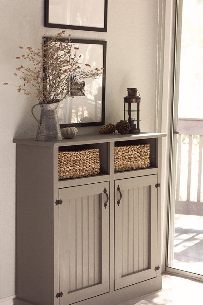 Living Room Details: DIY Cabinet, Tree stump table and Sofa Slipcovers