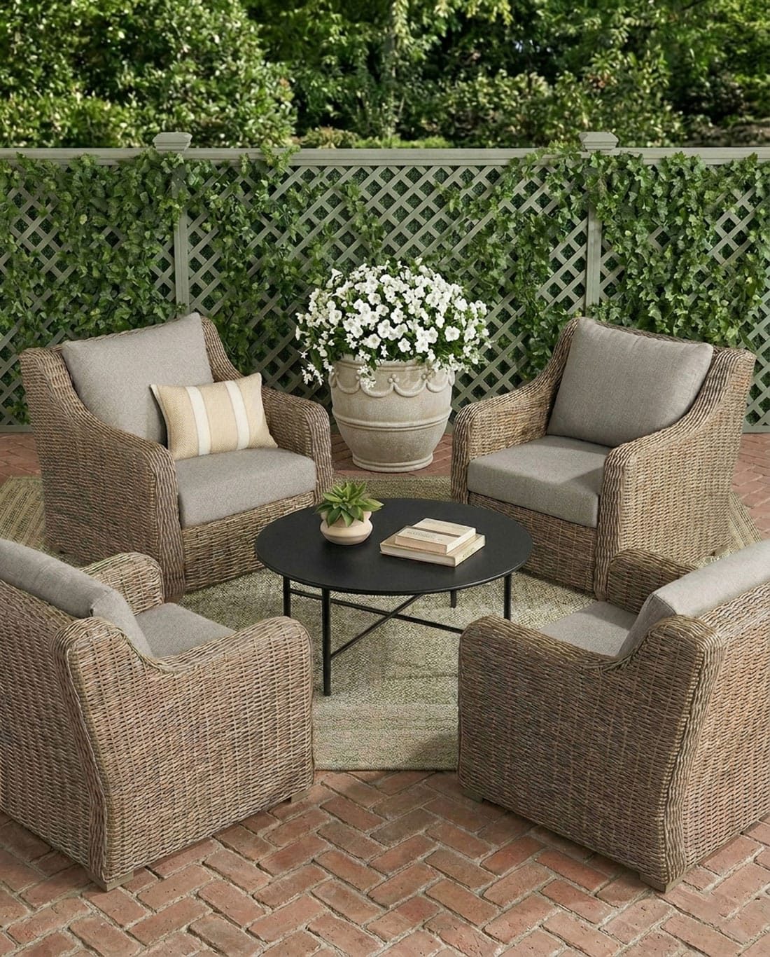 walmart wicker outdoor club chairs with a lattice fence wall