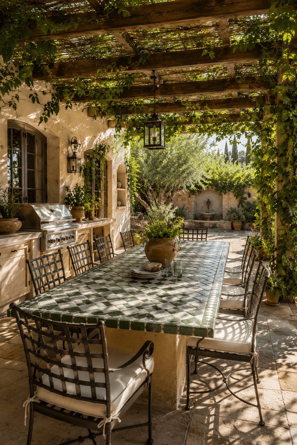 mediterranean outdoor dining tiled table under pergola