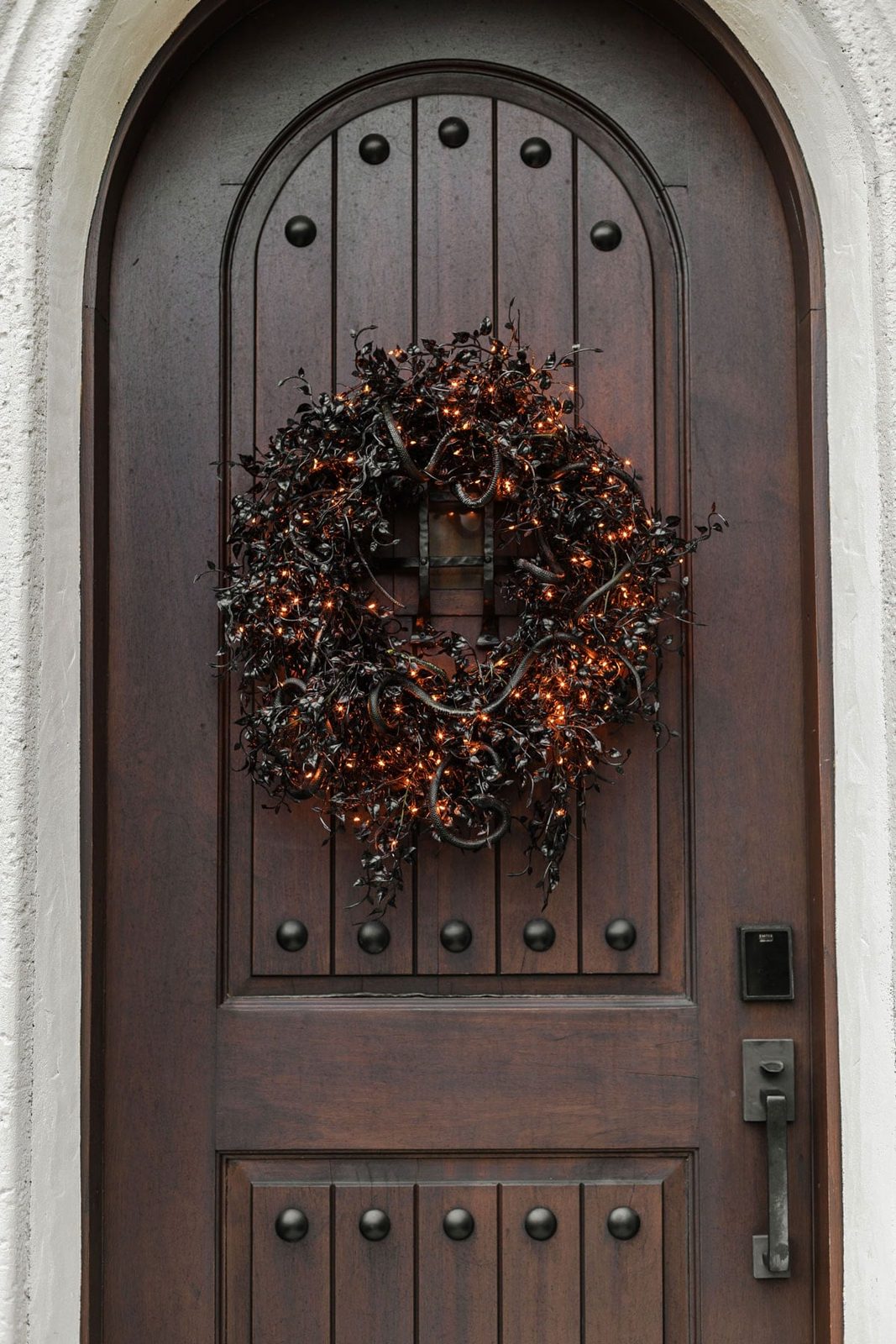 creepy halloween wreath with black ivy and snakes