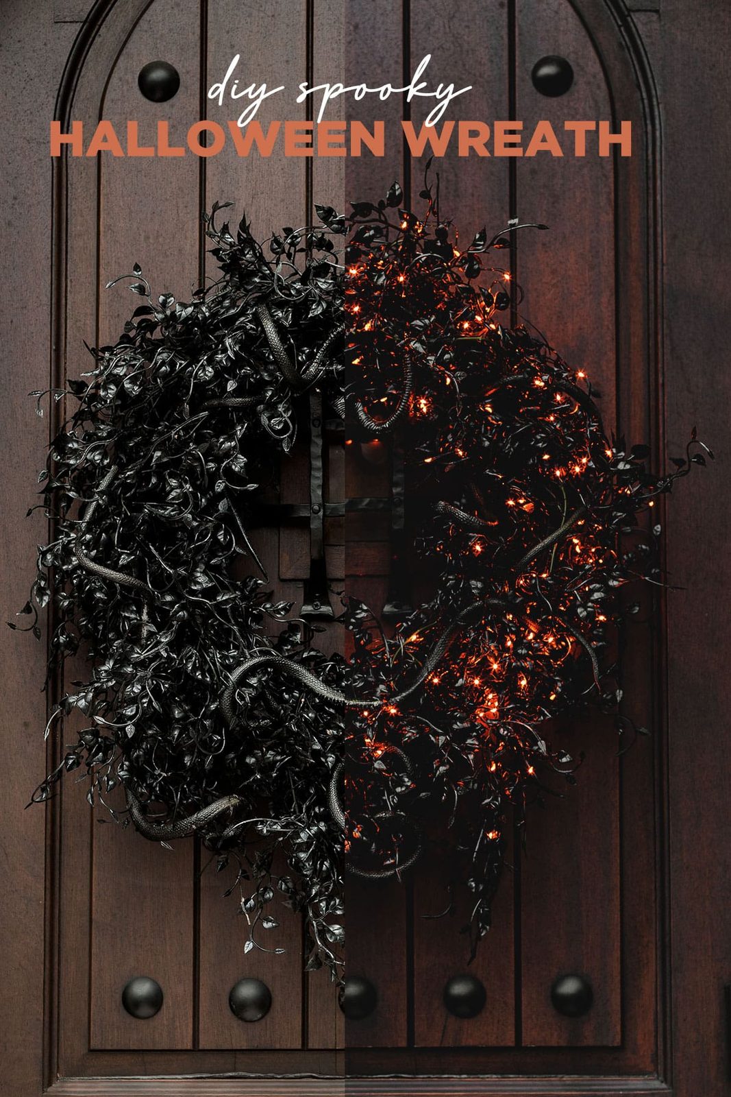 diy spooky halloween wreath with black ivy and snakes