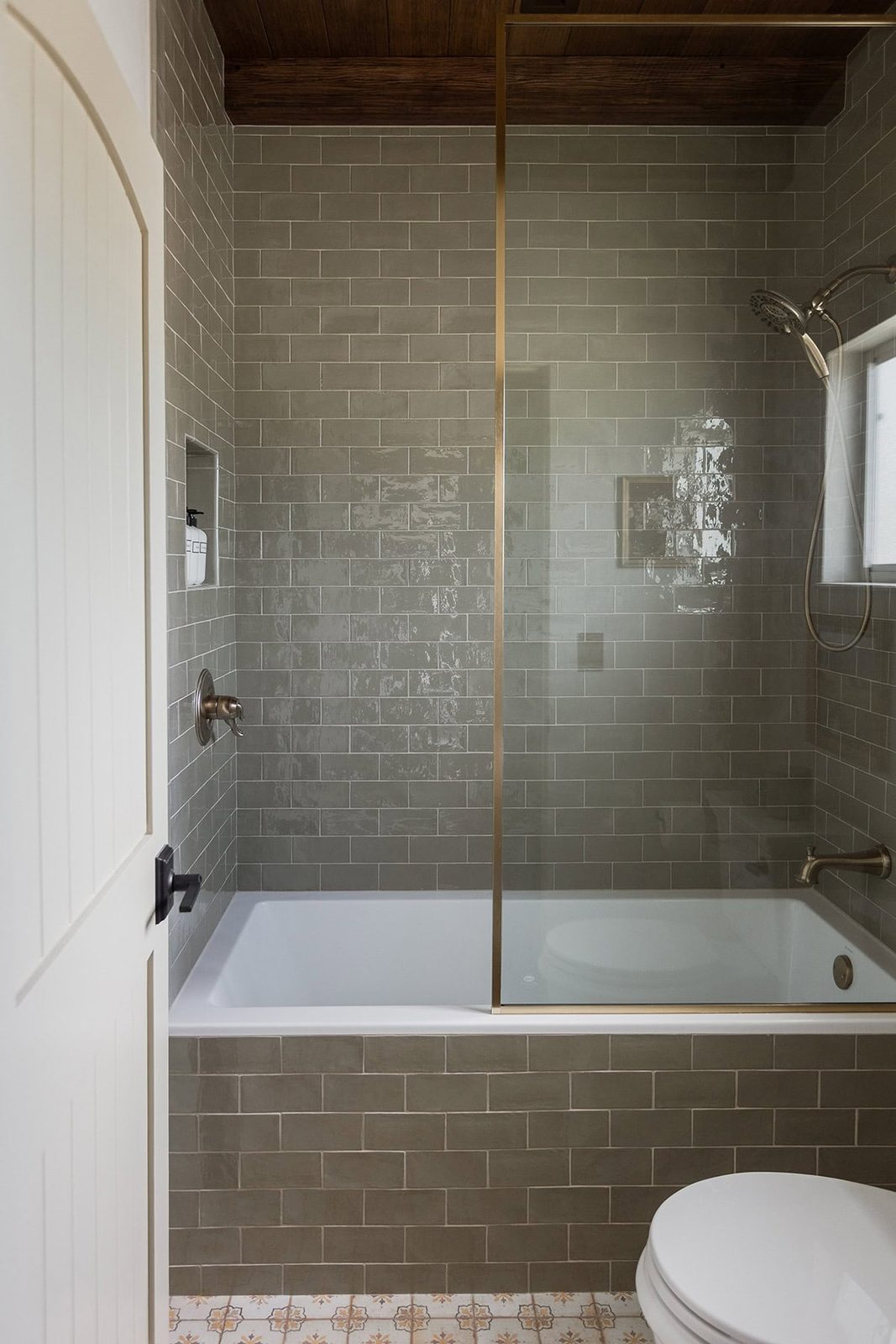 sage green subway tile shower
