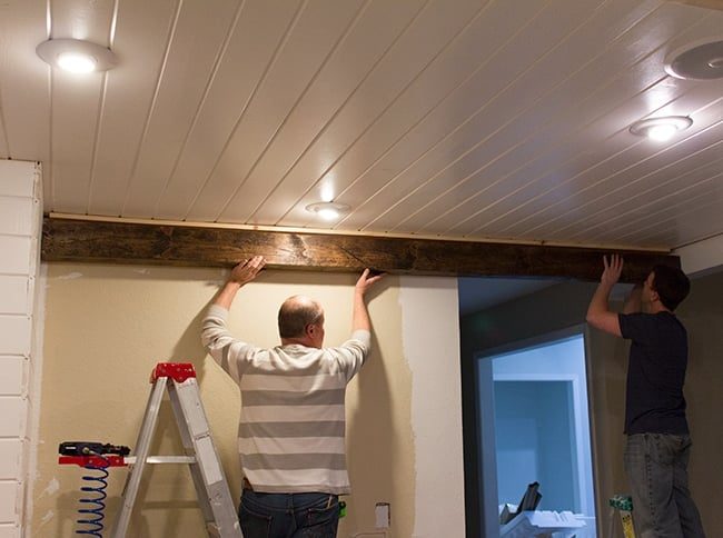how to install diy wood beams on a ceiling